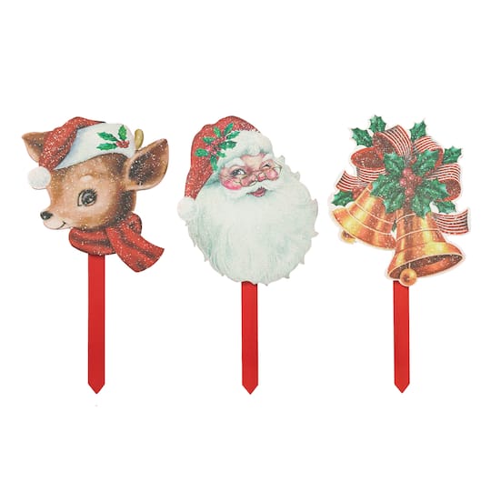 Glitzhome&#xAE; Wooden Glitter Santa, Bell &#x26; Reindeer Yard Stake Set